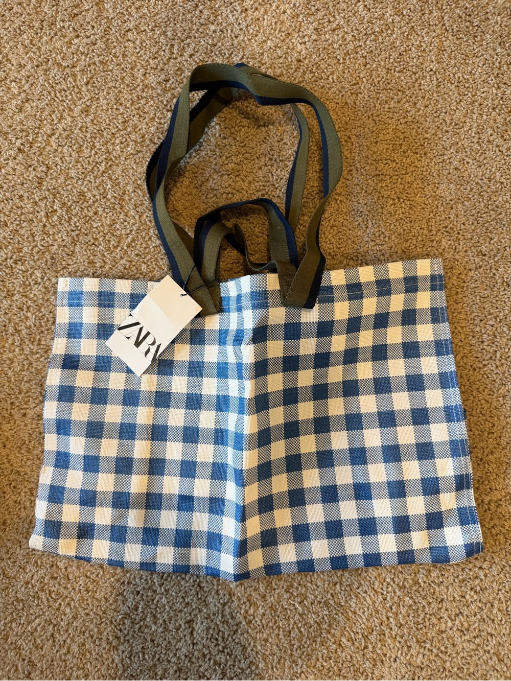 Zara Blue and White Gingham Tote with Dark Green Straps